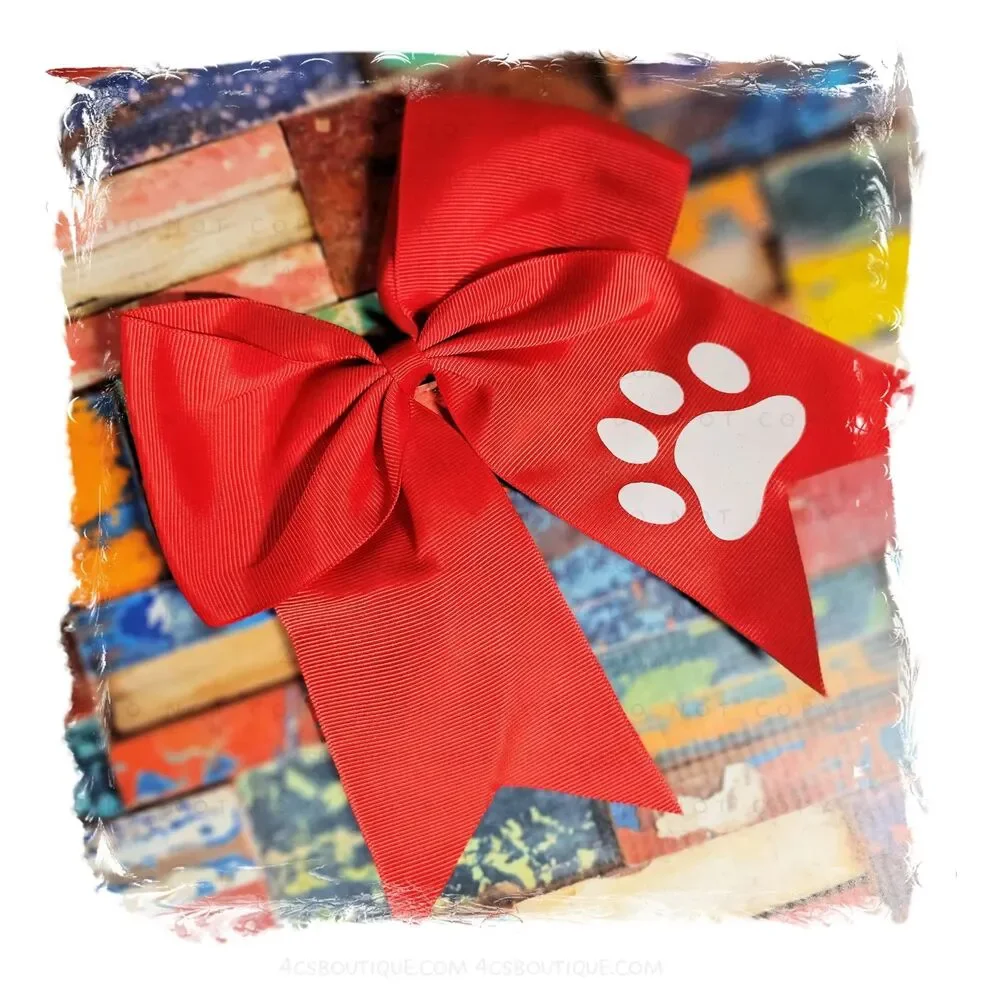 NEW Red Paw Print Ponytail Hair Bow Cheer Softball School Spirit Accessory